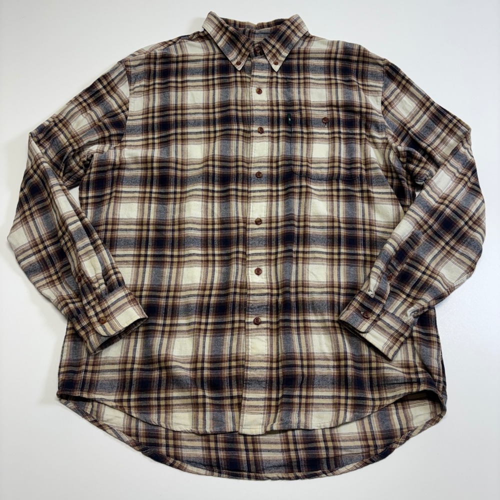 G.H. Bass & Co Mens Large Plaid Flannel Shirt Brown Cream Cotton Button Down